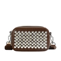 Brown camera crossbody bag with sparkling rhinestones and a stylish wide shoulder strap - Brown