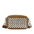 Brown leather camera bag with sparkling rhinestone embellishments and a wide shoulder strap - Dark Khaki