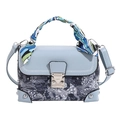 Light blue box bag with vintage embroidery, silk scarf handle, and crossbody strap - Blue