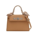 Elegante borsa a mano in pelle martellata color cammello con manico in seta e fibbia argento - Cachi