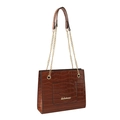 Sac cabas marron à motif crocodile avec bandoulière chaîne dorée et logo en métal - Marron
