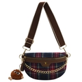 Plaid tweed crossbody chest bag with leather trim and brown plush monster keychain - Fabric Style Blue (No Charm)