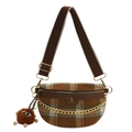 Brown plaid crossbody belt bag with golden chain and fuzzy ball pendant charm - Tweed Style Brown (No Charm)
