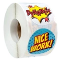 Roll of superhero style reward stickers with Dynamite and Nice Work pop art designs - 25mm / Colorful