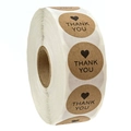 Rouleau d'autocollants Thank You en papier kraft marron avec cœur pour emballages - 1 pouce (25mm) / Kraft Naturel (A)