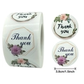 Floral 1.5 inch Thank You stickers roll with pink and purple rose designs for envelopes - Purple Rose Geometric Border Style (B)