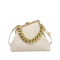 Cream shell handbag with woven texture, bold gold chain, and metal frame closure - White