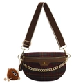 Red and green plaid crossbody chest bag with gold chain and brown strap for women - Tweed Style Coffee (No Charm)