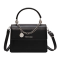 Black matte leather square handbag with silver chain and Fashion & Bags print - Black