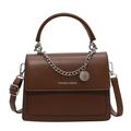 Dark brown leather small square handbag with silver chain and top handle strap - Brown