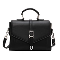 Elegante borsa a mano in finta pelle nera con trama litchi e finiture argentate - Nero