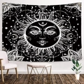 Detail view of moon and sun mandala tapestry hanging in a cozy bohemian living room - Sun God Face Style (Style-1)