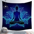 Detail of blue mandala tapestry with yoga silhouette and neon lotus hung on a wall - 200x150cm / Neon Lotus Style (款式-6)