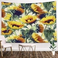 Detail eines Sonnenblumen-Wandteppichs im Ölmalstil an einer Schlafzimmerwand im Nordik-Stil - 200x150cm (Gebürstet)