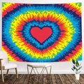 Vibrant tie-dye wall tapestry with red heart pattern displayed in a modern living room - 200x150cm / Red Heart Colorful Wave (Style-7)