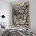 Detail of The Lovers tarot card tapestry with intricate black line art on beige fabric - 200*150cm (Brushed) / The Lovers (Style-5)