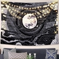 Detail view of moon phase tapestry with starry LED string lights over a sofa - 95x73cm / Realistic Moon Clouds (Style-3)