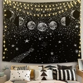 Cozy bedroom setting with lunar eclipse phases tapestry and warm string lights - 95x73cm (Brushed) / Black Starry Moon Phase (Style-18)