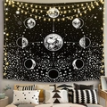 Bohemian bedroom setup featuring a lunar cycle wall tapestry with stars and warm fairy lights - 95x73cm (Brushed) / Radial Moon Phase (Style-19)