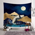 Tapisserie murale nordique avec baleine sur vagues de mer et montagnes dorées chic - Style 24