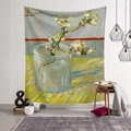 Detailed texture of Van Gogh sunflower tapestry hanging on a rustic white brick wall - Flowers in a Glass (Style-5)