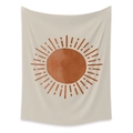Bohemian solar tapestry with terracotta sunburst design on beige background hanging on wall - Sun Radiating Pattern Style-5