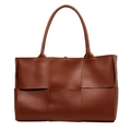 Deep brown large woven tote bag in premium faux leather with minimalist twin handles - Brown