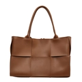 Caramel brown woven faux leather tote bag with large capacity and minimalist design - Khaki