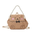 Bolso de peluche con forma de osito marrón con asa de perlas y cadena de hombro dorada - Caqui