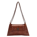 Vintage brown leather trapezoid bag with metallic rivets and chain strap on white background - Brown