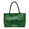 Dark green large woven tote bag in soft leather with minimalist double handle design - Green