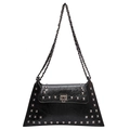 Retro punk style black crossbody bag with silver square studs and chain strap - Black