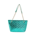 Bright green metallic quilted tote bag with golden chain straps on white background - Green