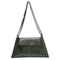 Dark green crossbody bag with vintage rivets, wrinkled leather, and metal chain strap - Green