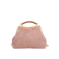 Pink faux fur evening bag with silver sequins and wooden handle on chain strap - Pink