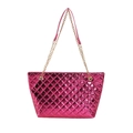 Metallic rose pink quilted tote bag with golden chain strap and rhombus stitching texture - Rose Red
