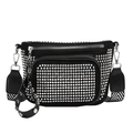 Black studded crossbody bag with silver rivets and wide wave pattern shoulder strap - Silver