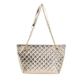 Golden quilted tote bag with chain strap featuring a metallic finish and diamond stitching - Gold