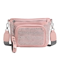 Pink rhinestone crossbody bag with a patterned wide strap and decorative stud charm - Pink