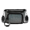 Black rhinestone crossbody bag with iridescent crystals and geometric woven shoulder strap - Colorful