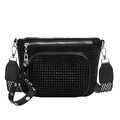 Black rhinestone crossbody bag with zebra pattern strap and silver hardware details - Black