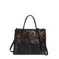 Grande borsa tote leopardata con manici in pelle nera e doppie tasche frontali - Leopardo Caffè
