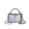 Silver matte crossbody box bag with metallic rivets and a gold chain handle - Silver