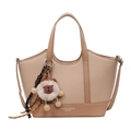 Khaki lychee pattern bucket bag with lion charm and detachable crossbody strap - With Pendant / Apricot