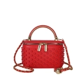 Red quilted box bag with 3D beaded texture, gold chain strap, and curved top handle - Red