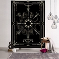 Detail of tarot tapestry showing lunar phases and Nordic runes on a white brick wall - Style 10