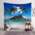 Tropical coconut tree tapestry hanging on a white brick wall in a cozy room - Water Hut (Style 10)
