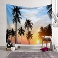 Detail view of sunset tropical palm tree tapestry hanging on a white brick living room wall - Palm Sunset (Style 9)