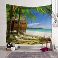 Detail of tropical palm beach tapestry displayed in a cozy modern living room setup - Seaside Hut (Style 8)