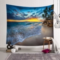 Detail of beach sunset tapestry with coconut trees hanging on a white brick wall - Waves and Rocks (Style 6)